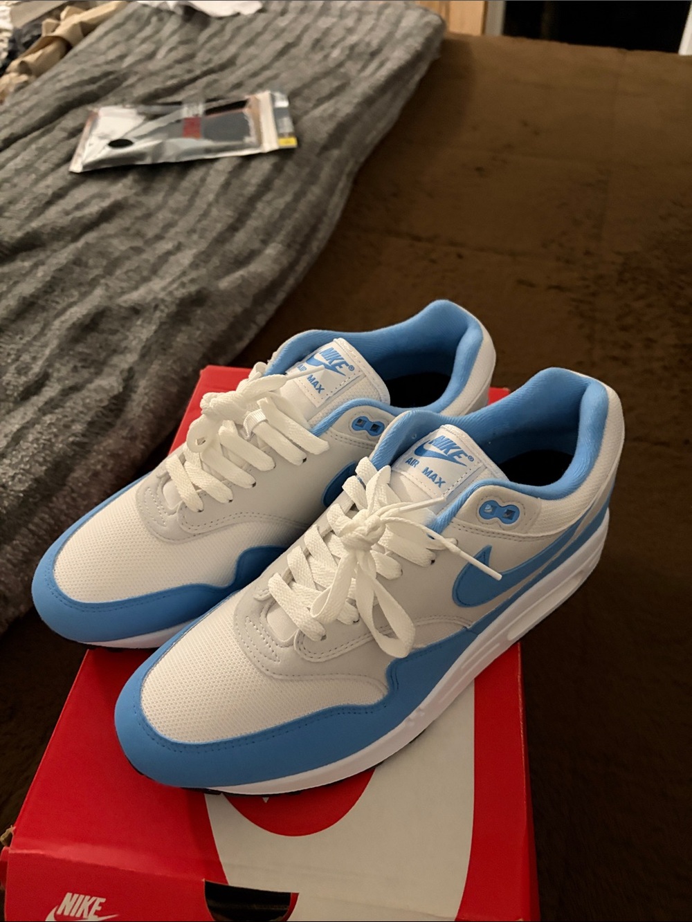 Nike White and Light Blue Air Max 1 Sneakers - Picture 2 of 5